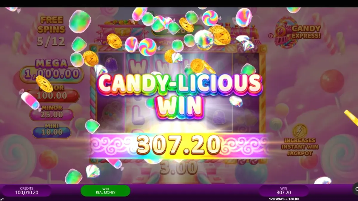 Giao diện trò chơi Candy Express Gold Blitz với tàu hỏa kẹo ngọt