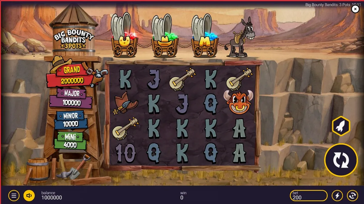 Giao diện trò chơi Big Bounty Bandits: 3 Pots với phong cách hoạt hình cổ điển